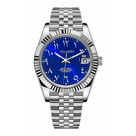 Datejust-style automatic watch, Velanti Milano Veljust Arabic Royal Blue, main product photo