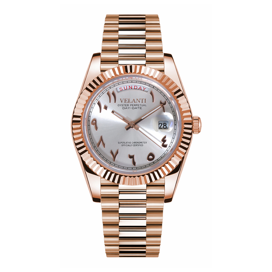 Datejust-style automatic watch, Velanti Milano Veljust Daydate Rose Gold White Arabic, main product photo