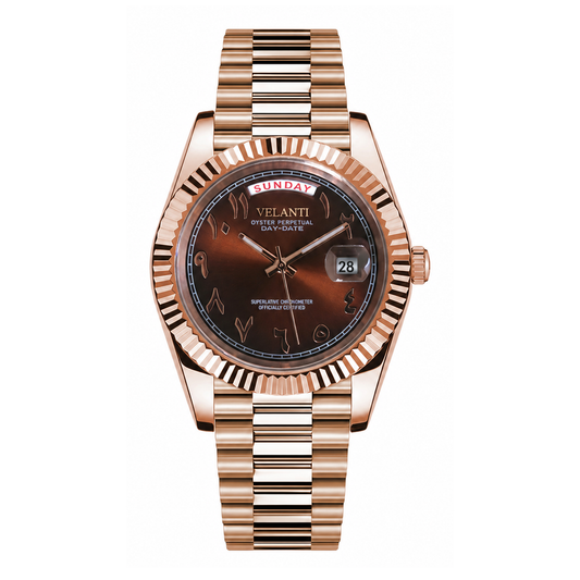 Datejust-style automatic watch, Velanti Milano Veljust Daydate Rose Gold Chocolate Arabic, main product photo