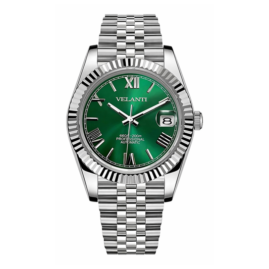 Datejust-style automatic watch, Velanti Milano Veljust Green Roman, main product photo