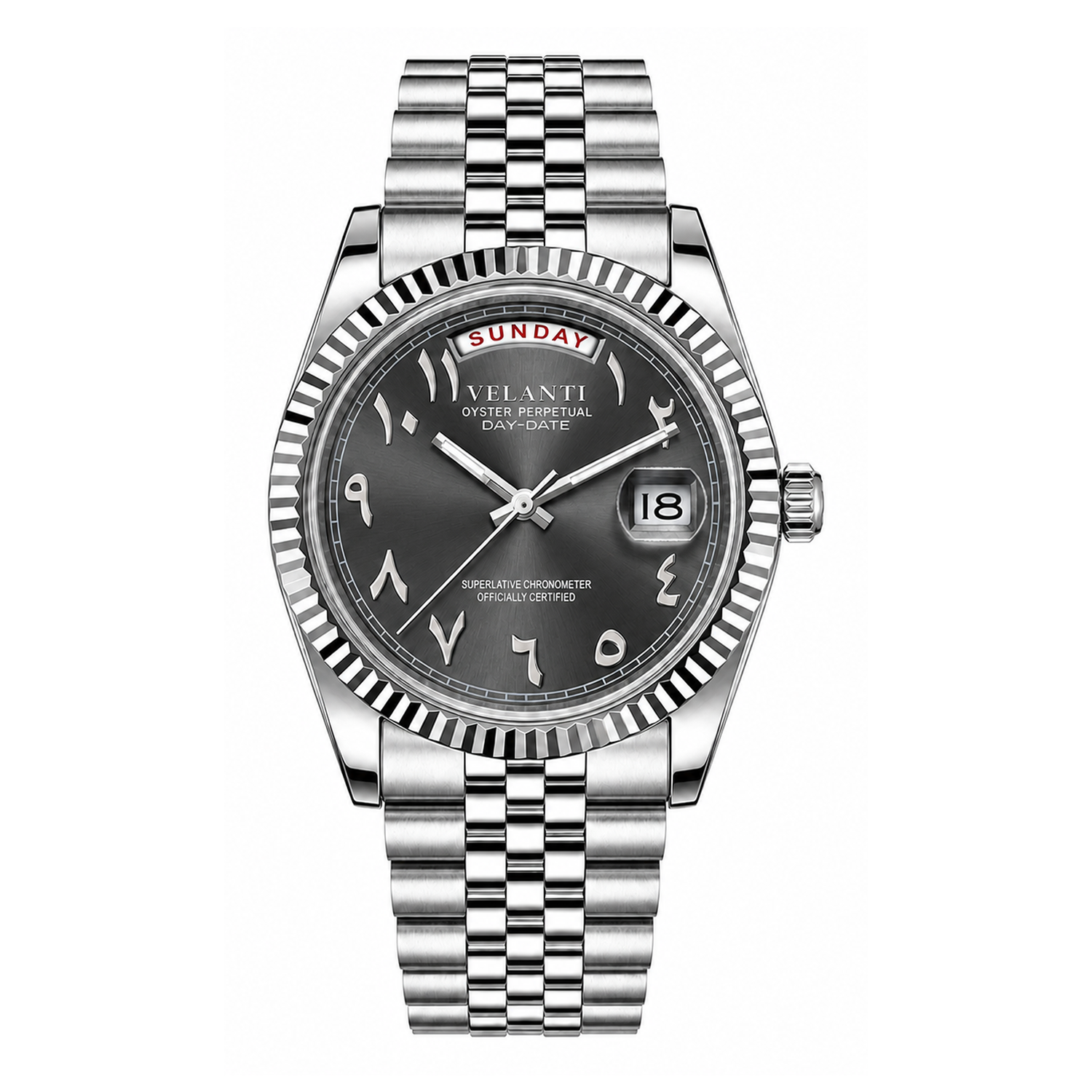 Day-Date-style watch, Velanti Milano Veljust Arabic Deep Grey, main product photo