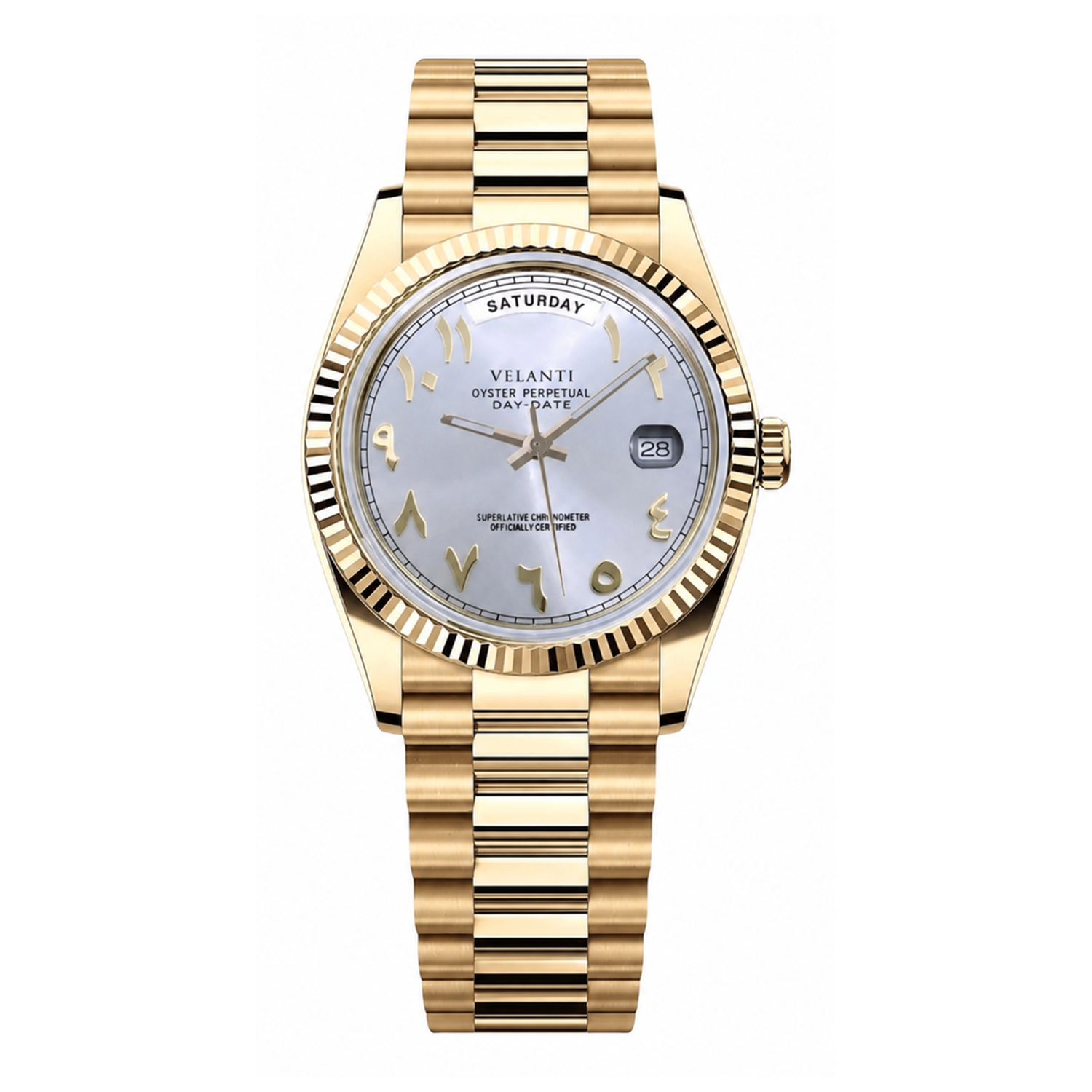 Datejust-style automatic watch, Velanti Milano Veljust Daydate Yellow Gold White Arabic, main product photo