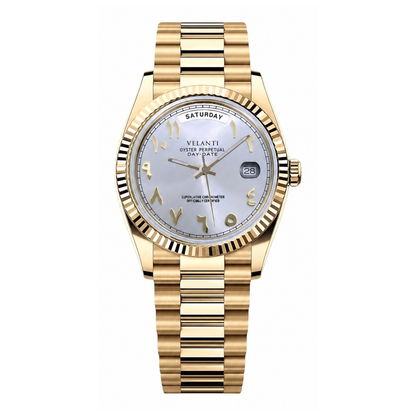 Datejust-style automatic watch, Velanti Milano Veljust Daydate Yellow Gold White Arabic, main product photo