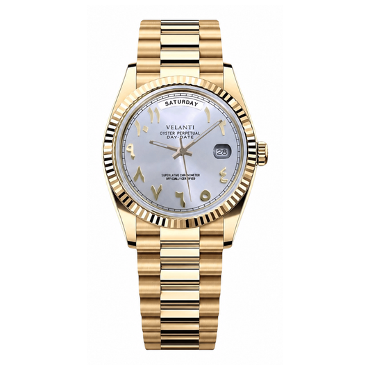 Datejust-style automatic watch, Velanti Milano Veljust Daydate Yellow Gold White Arabic, main product photo