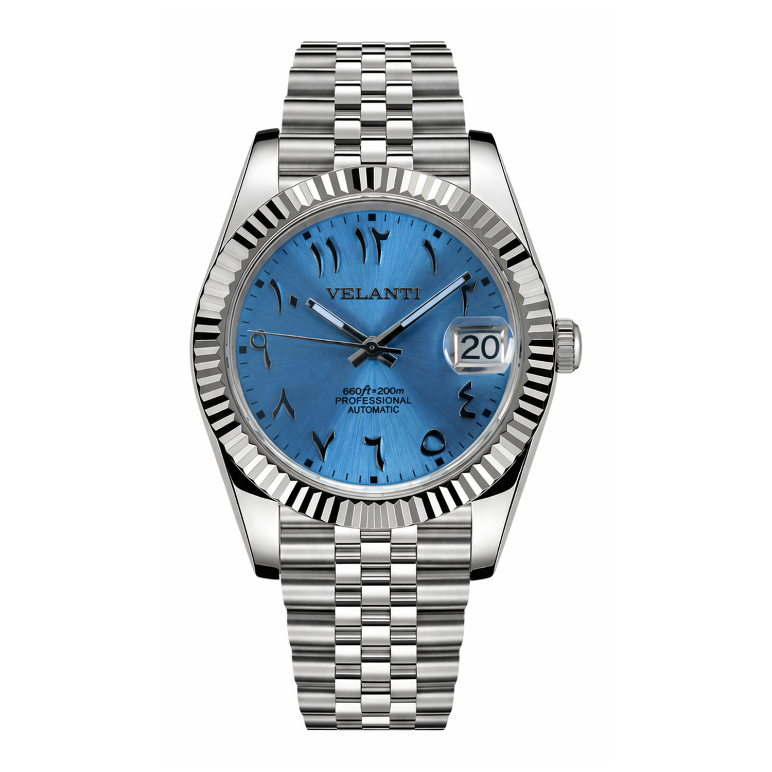 Datejust-style automatic watch, Velanti Milano Veljust Ice Blue Arabic, main product photo