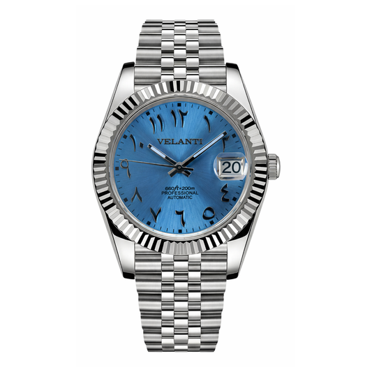 Datejust-style automatic watch, Velanti Milano Veljust Ice Blue Arabic, main product photo