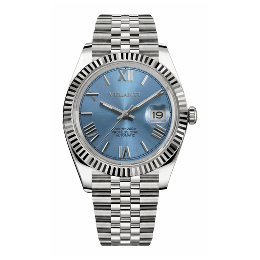 Datejust-style automatic watch, Velanti Milano Veljust Ice Blue Roman, main product photo