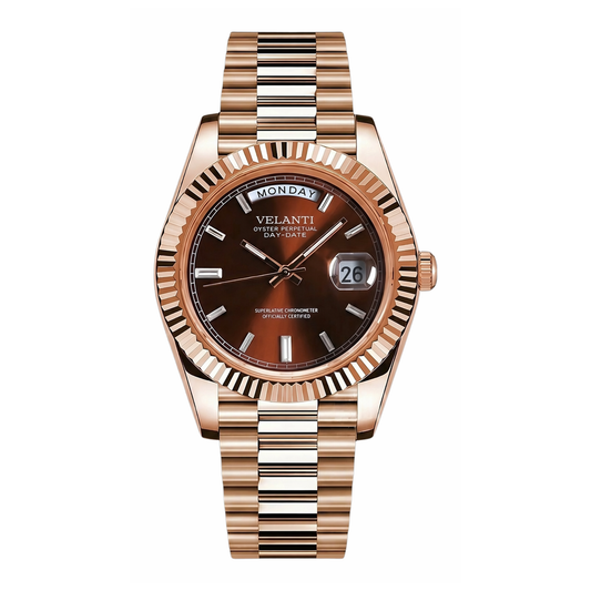 Datejust-style automatic watch, Velanti Milano Veljust Daydate Rose Gold Chocolate Crystals, main product photo