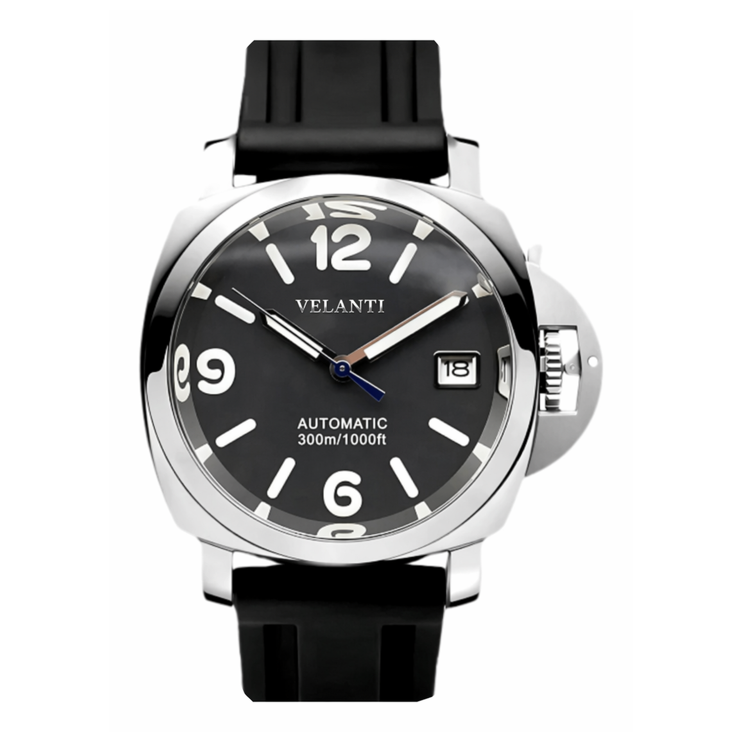 Panerai-style automatic watch, Velanti Milano Panvel Black Rubber, main product photo