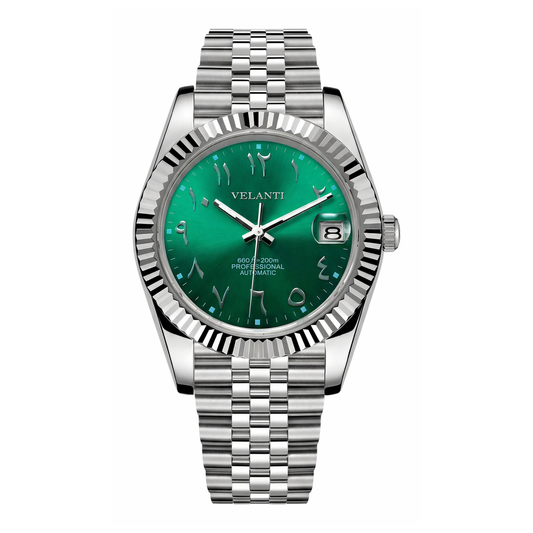 Datejust-style automatic watch, Velanti Milano Veljust Royal Green Arabic, main product photo