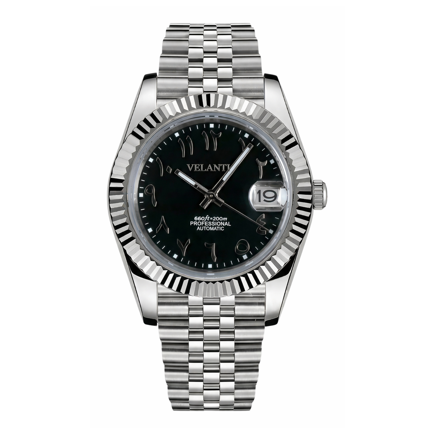 Datejust-style automatic watch, Velanti Milano Veljust Black Arabic, main product photo