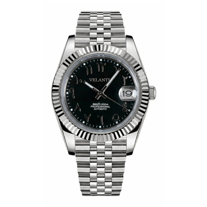 Datejust-style automatic watch, Velanti Milano Veljust Black Arabic, main product photo