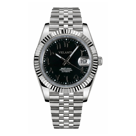 Datejust-style automatic watch, Velanti Milano Veljust Black Arabic, main product photo
