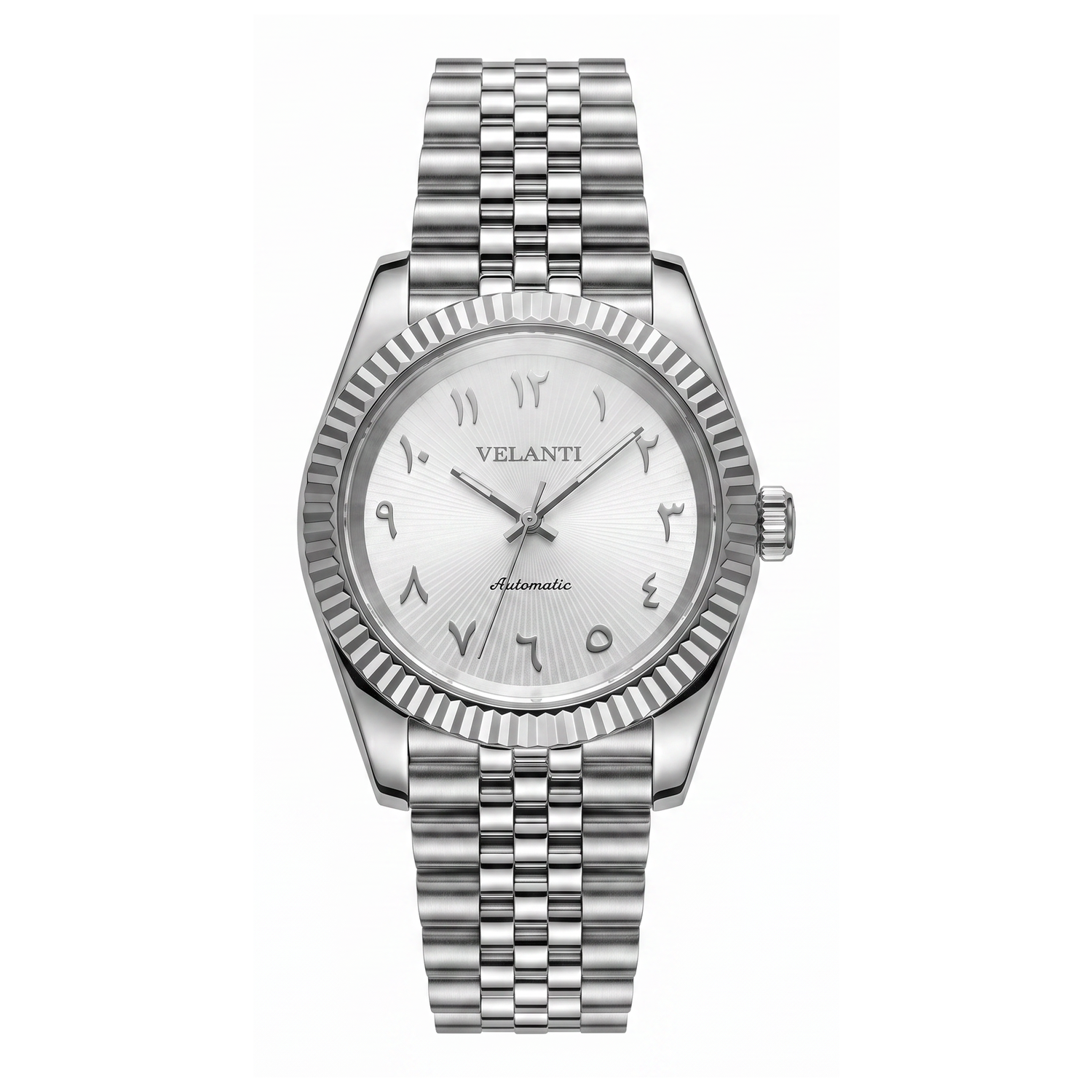 Datejust-style automatic watch, Velanti Milano Veljust White Arabic Textured, main product photo