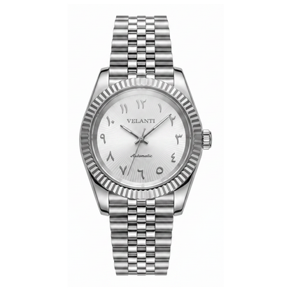 Datejust-style automatic watch, Velanti Milano Veljust White Arabic Textured, main product photo