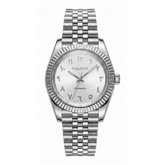 Datejust-style automatic watch, Velanti Milano Veljust White Arabic Textured, main product photo