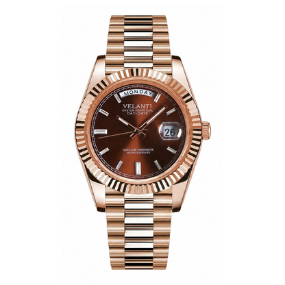 Datejust-style automatic watch, Velanti Milano Veljust Daydate Rose Gold Chocolate, main product photo