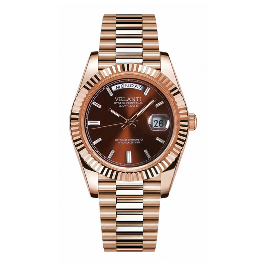 Datejust-style automatic watch, Velanti Milano Veljust Daydate Rose Gold Chocolate, main product photo