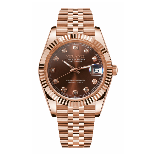Datejust-style automatic watch, Velanti Milano Veljust Chocolate Crystals Rose Gold, main product photo