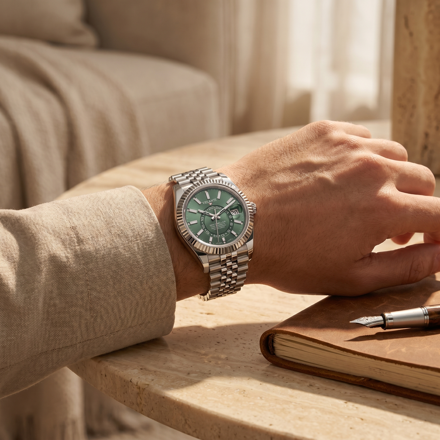 Datejust-style automatic watch, Velanti Milano Veljust Sky Dweller Mint Green, product photo 4