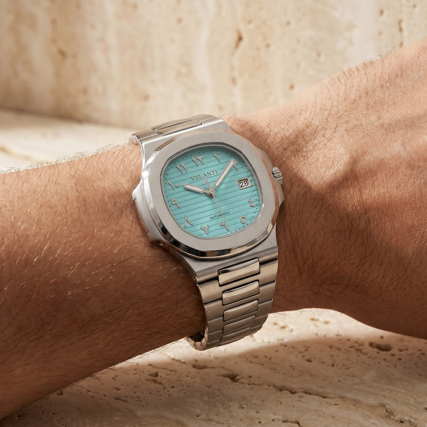 Nautilus-style custom mod watch, Velanti Milano Nautvel Arabic Tiffany Blue, product photo 7
