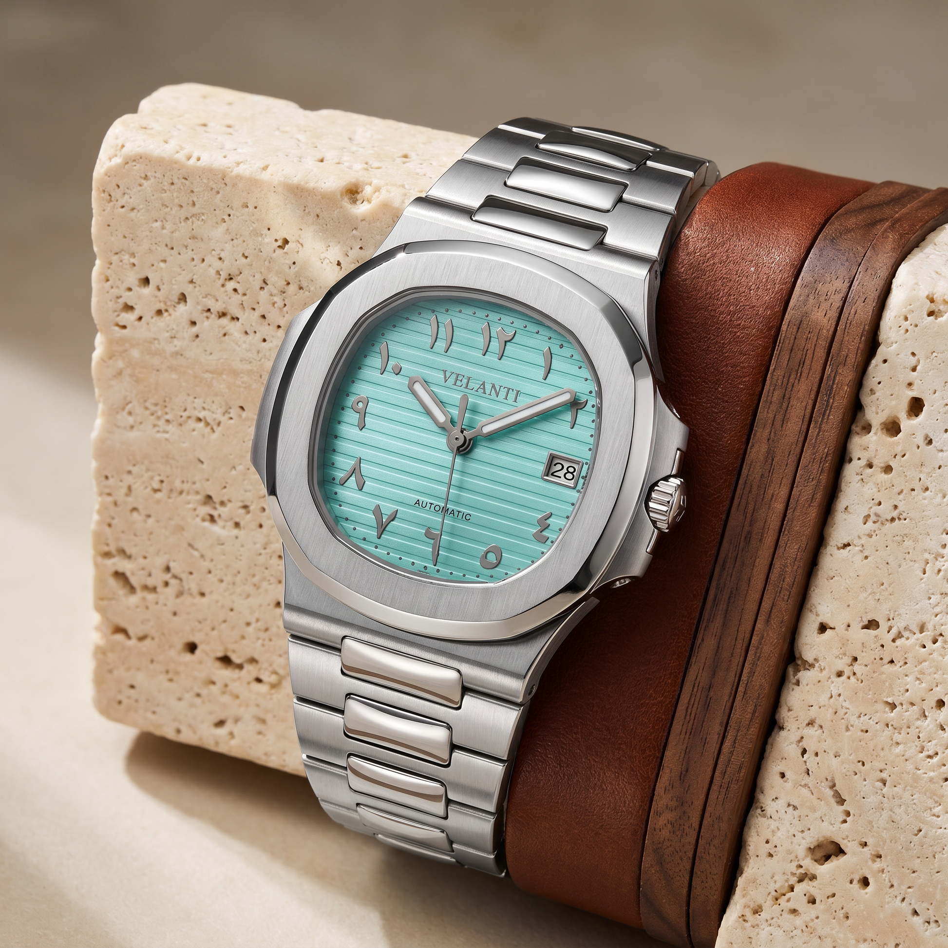 Nautilus-style custom mod watch, Velanti Milano Nautvel Arabic Tiffany Blue, product photo 4