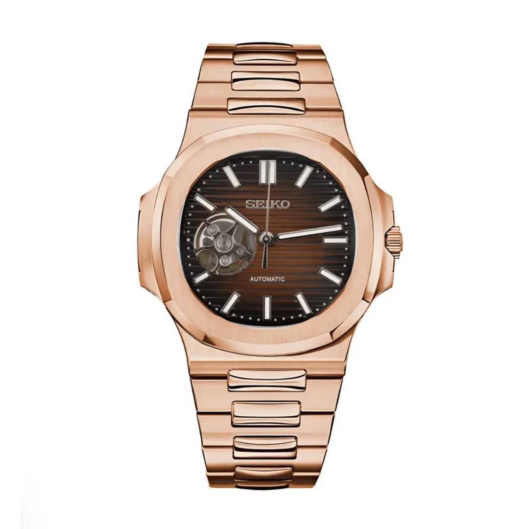 NAUTIKO Rose Gold Chocolate Open Heart Seiko mod watch | Velanti Milano