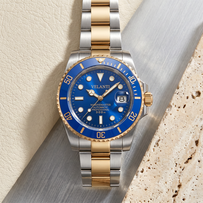 Submariner-style automatic watch, Velanti Milano Velmariner Blue (Two Tones), bracelet detail photo