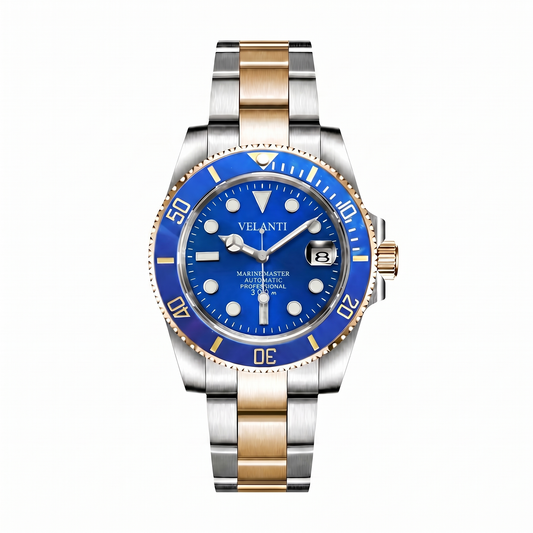 Submariner-style custom automatic watch, Velanti Milano Velmariner Blue (Two Tones), watch detail photo