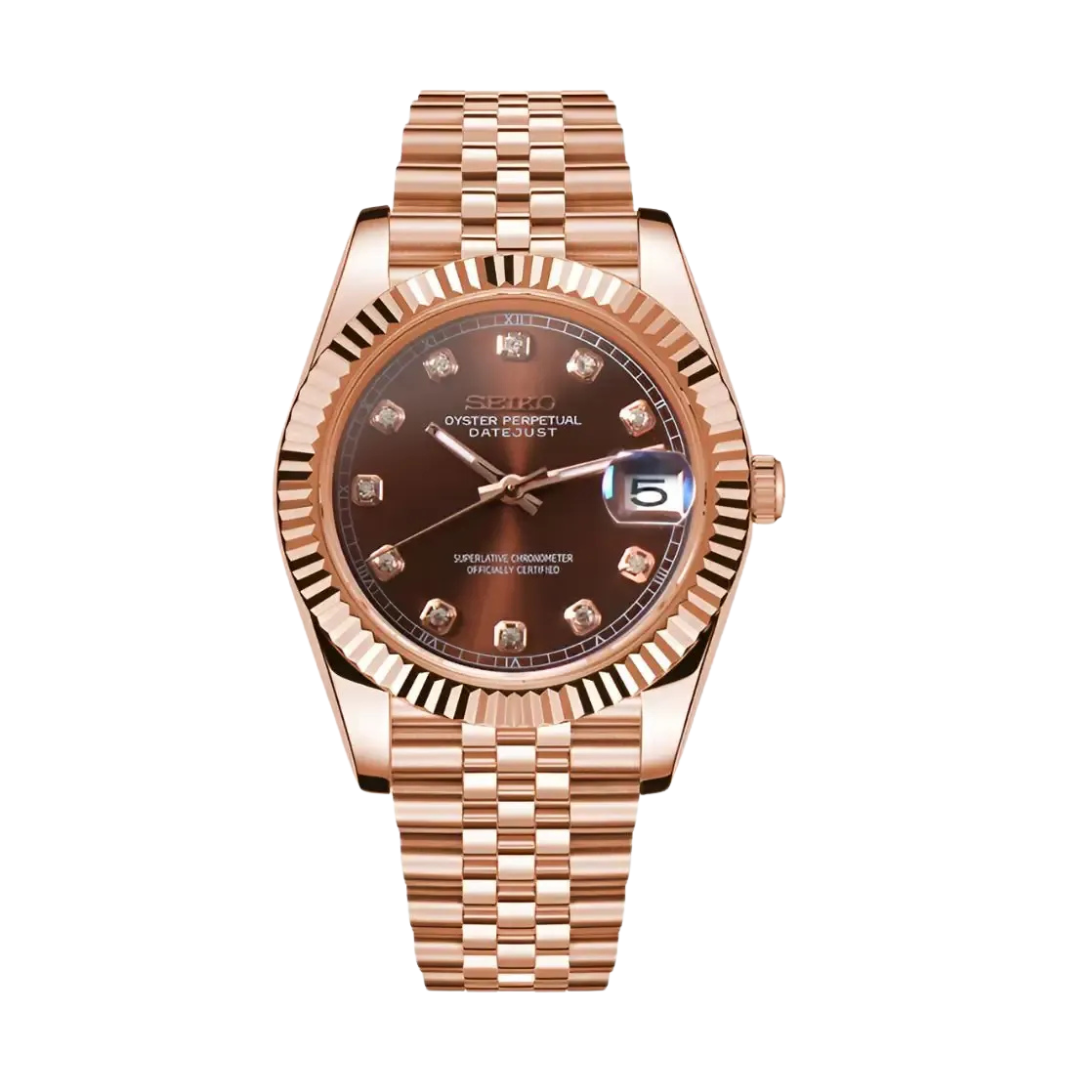 Seikojust Chocolate Crystals  Rose Gold Seiko mod watch | Velanti Milano