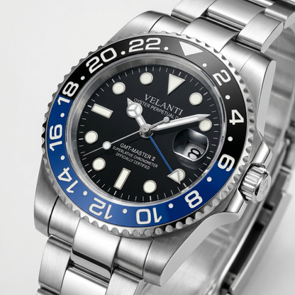 GMT-style custom automatic watch, Velanti Milano Gmtvel Batman, watch detail photo