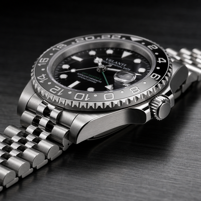 GMT-style custom automatic watch, Velanti Milano Gmtvel Bruce Wayne, side profile photo