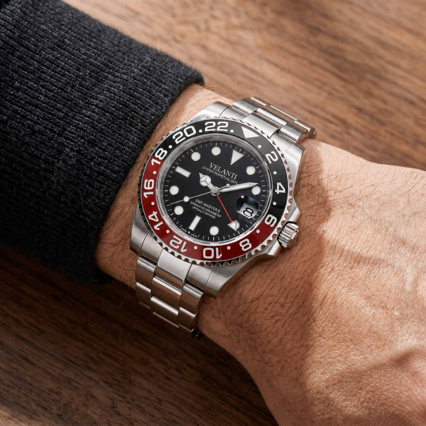 GMT-style custom mod watch, Velanti Milano Gmtvel Coke worn on wrist photo 5