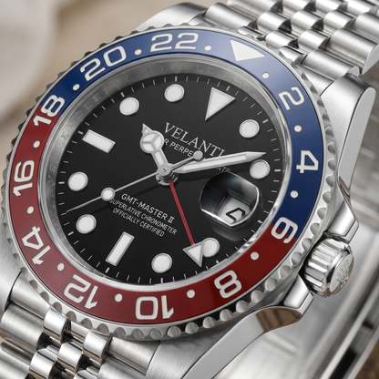 GMT-style custom automatic watch, Velanti Milano Gmtvel Pepsi, watch detail photo