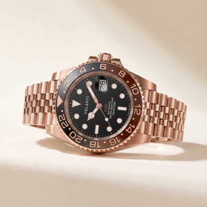 GMT-style custom automatic watch, Velanti Milano Gmtvel Rose Gold Rootbeer, watch detail photo 8