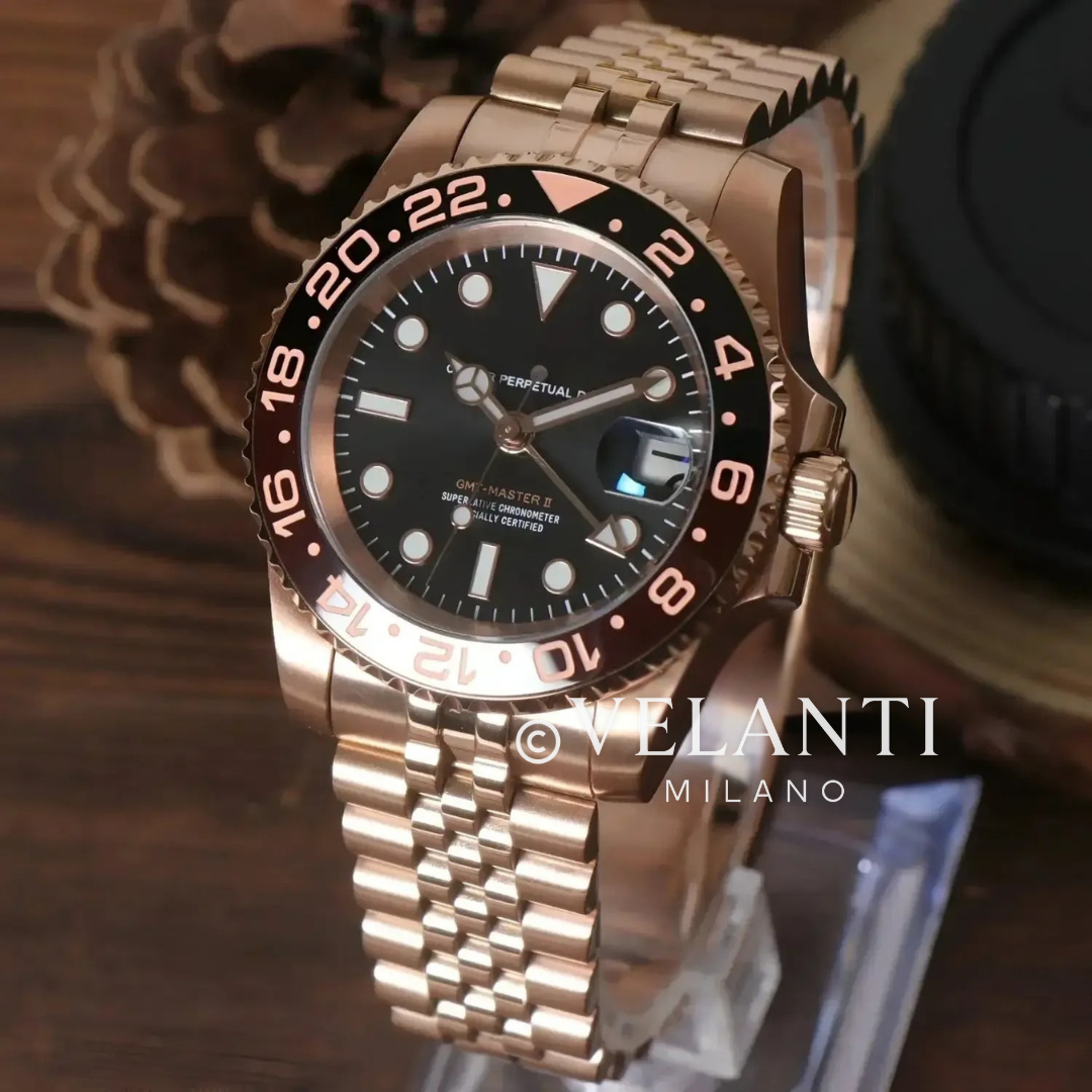 GMT-style mod watch Rose Gold Rootbeer Velanti Milano GMTvel product photo 2