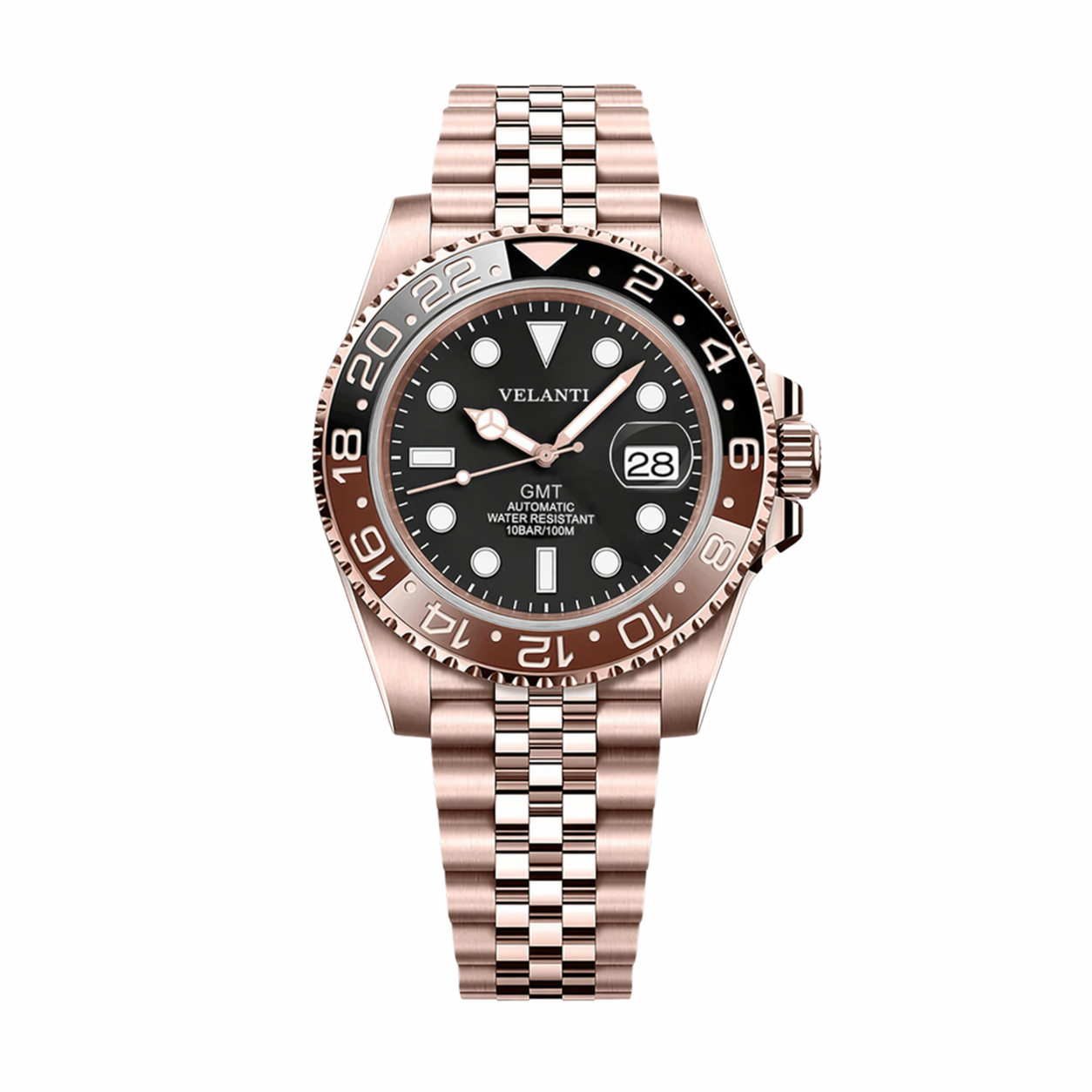 GMT-style mod watch Rose Gold Rootbeer Velanti Milano GMTvel main product photo
