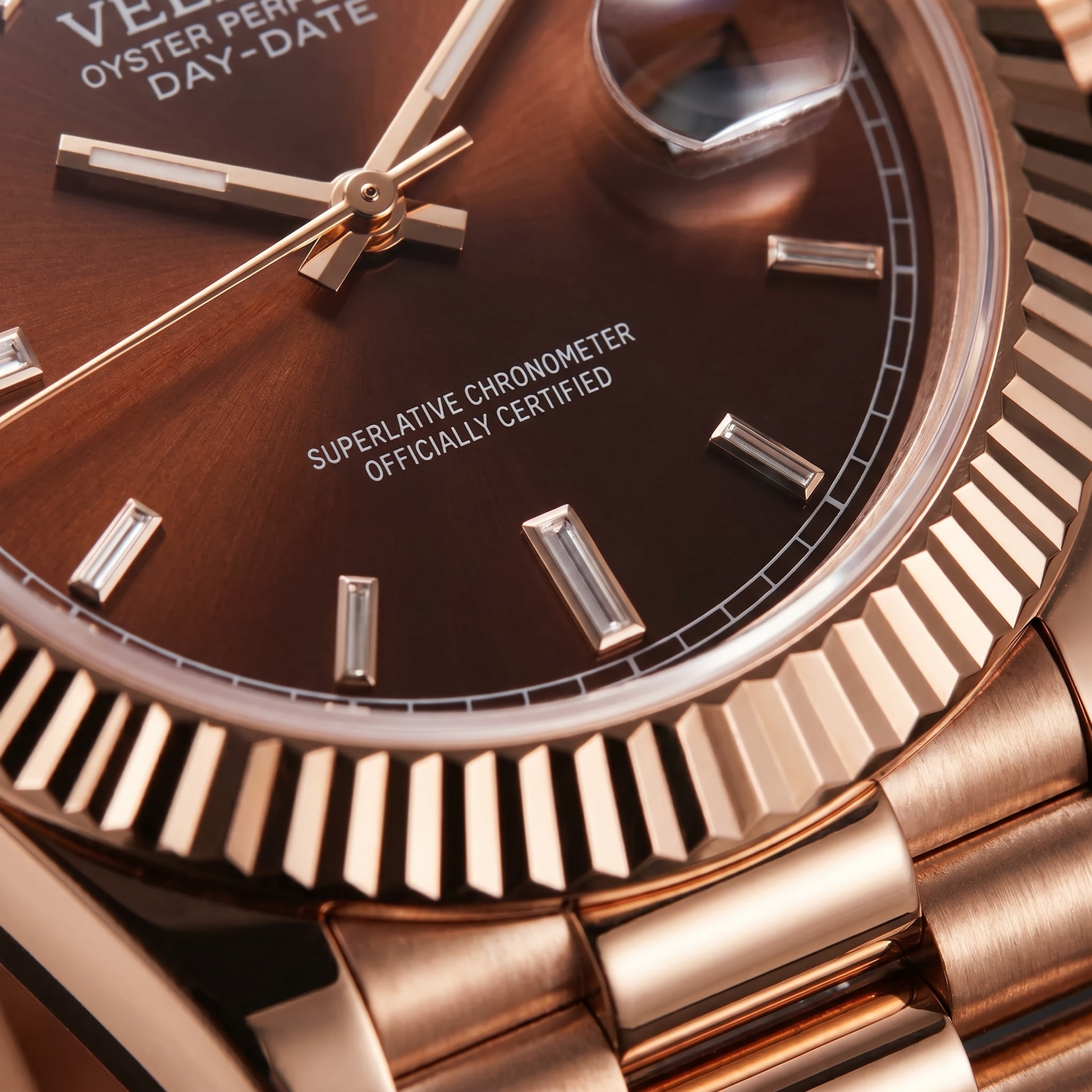Datejust-style automatic watch, Velanti Milano Veljust Daydate Rose Gold - Chocolate Crystals, product photo 3