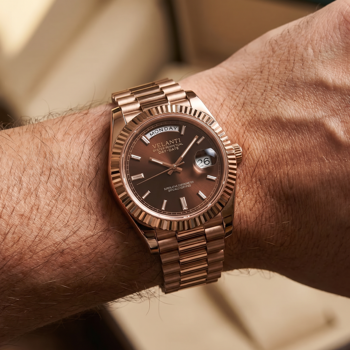 Datejust-style automatic watch, Velanti Milano Veljust Daydate Rose Gold - Chocolate Crystals, product photo 2