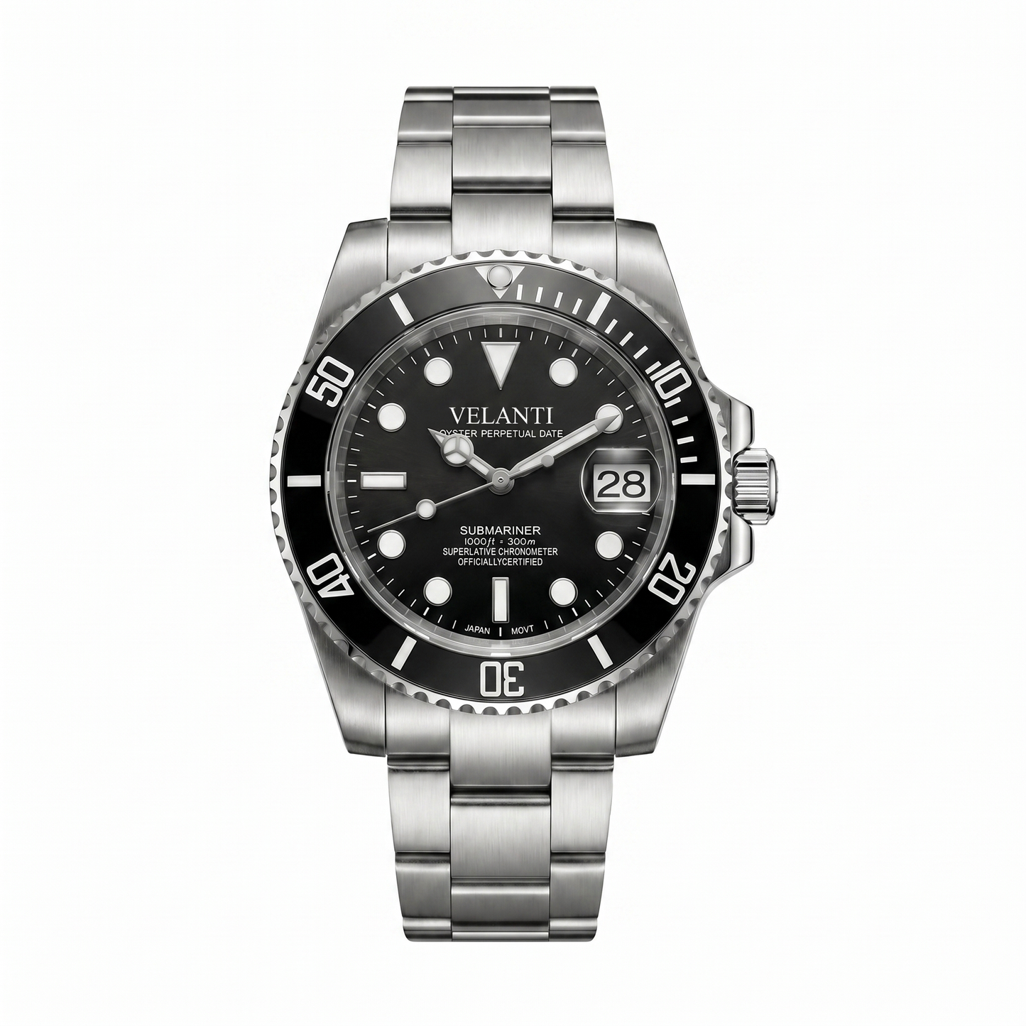 Submariner-style custom mod watch, Velanti Milano Velmariner Black, main product photo