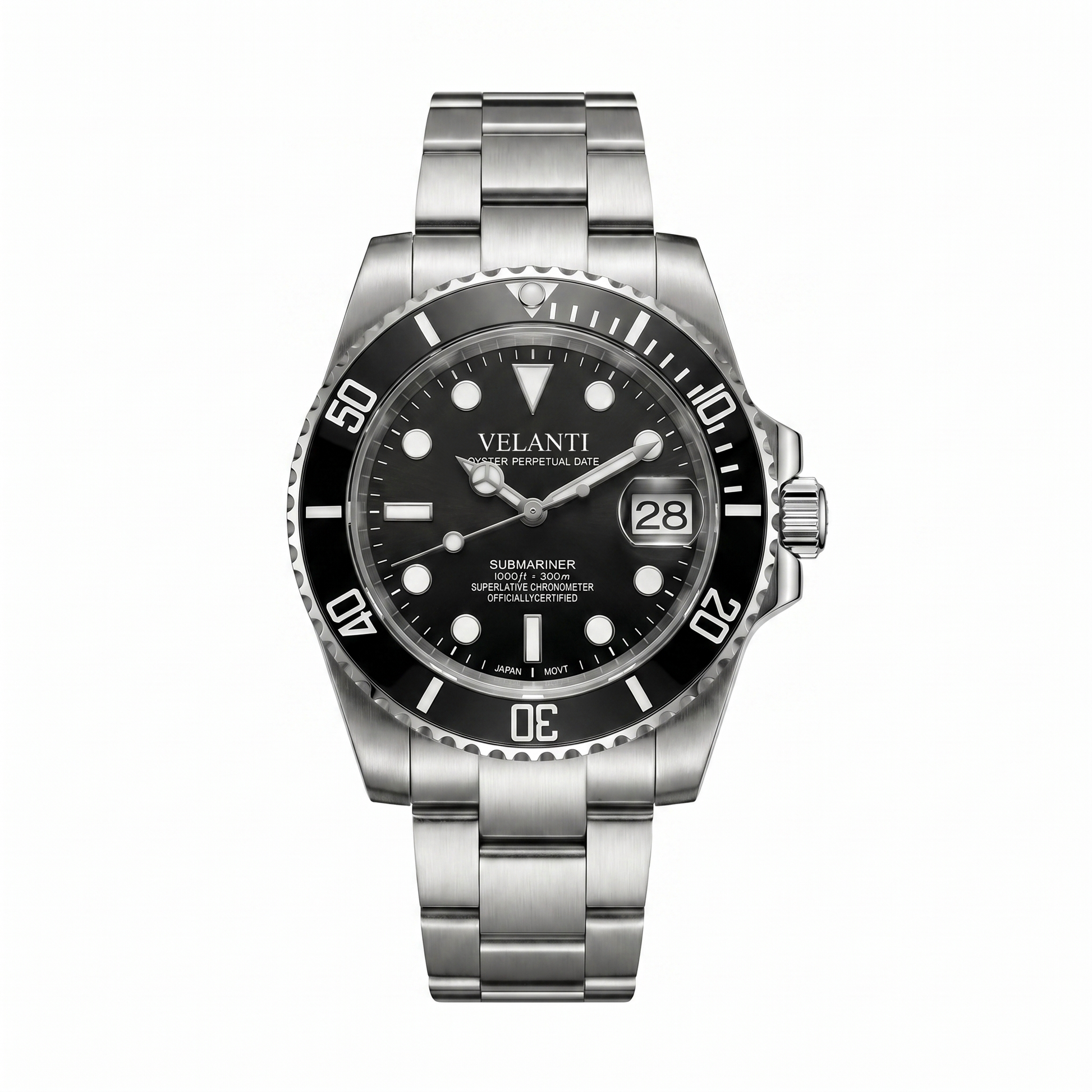 Submariner-style custom mod watch, Velanti Milano Velmariner Black, main product photo