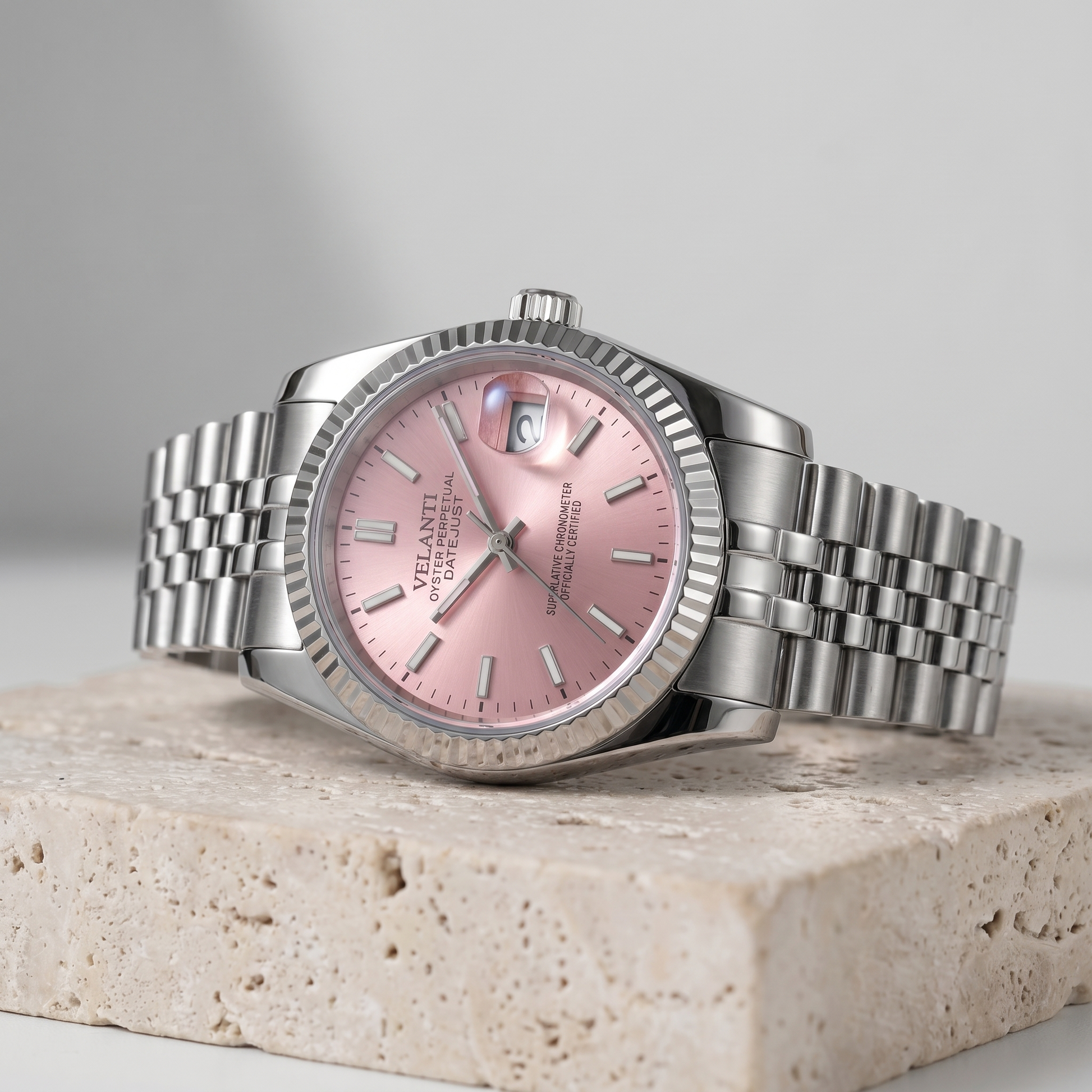 Datejust-style custom mod watch, Velanti Milano Veljust Pink, product photo 2