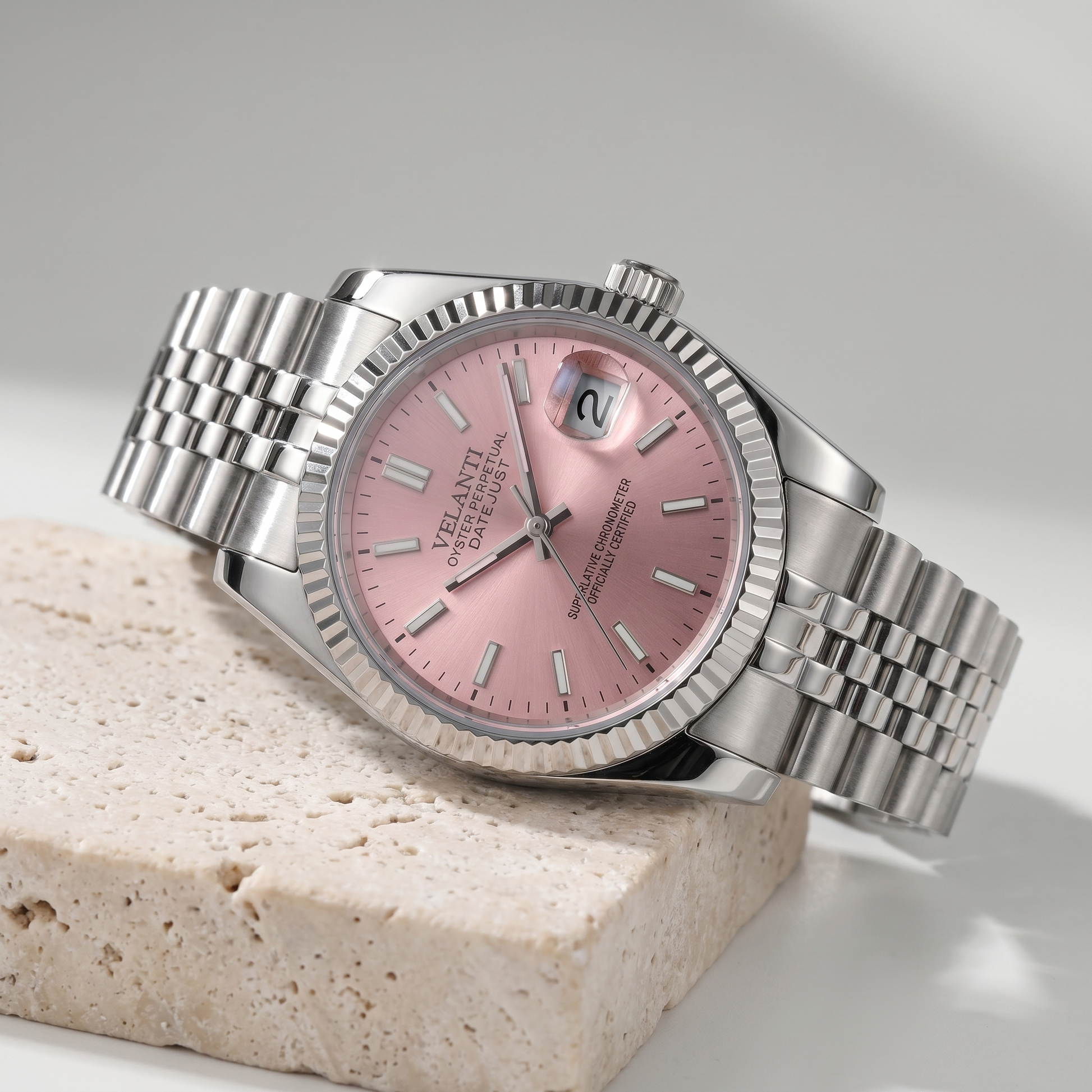 Datejust-style custom mod watch, Velanti Milano Veljust Pink, product photo 4