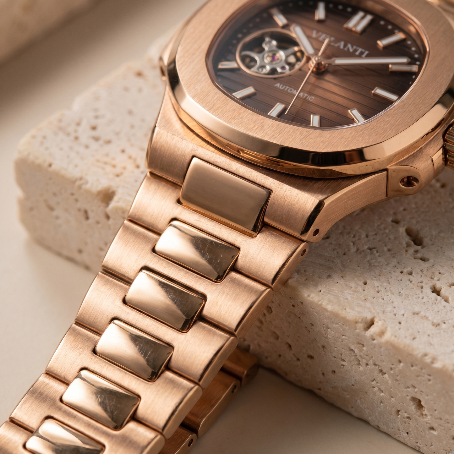 Nautilus-style custom mod watch, Velanti Milano Nautvel Rose Gold Chocolate Open Heart, product photo 5