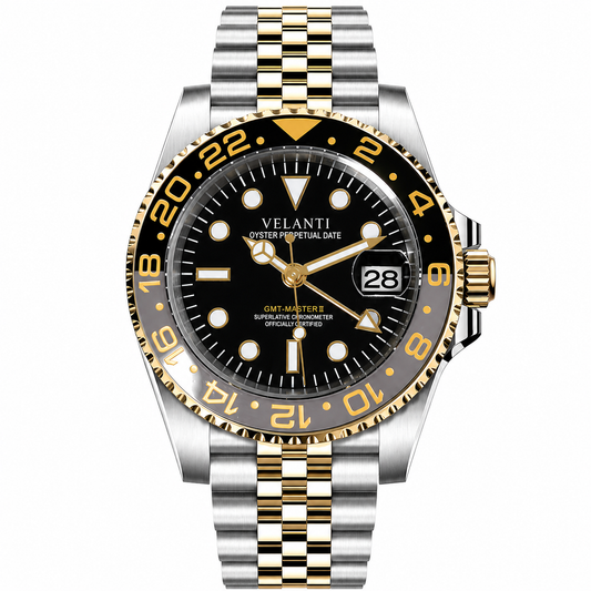 GMT-style custom mod watch, Velanti Milano Gmtvel Silver Gold, main product photo