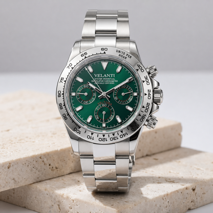 Daytona-style custom chronograph watch, Velanti Milano Veltona Silver Green, product photo 2