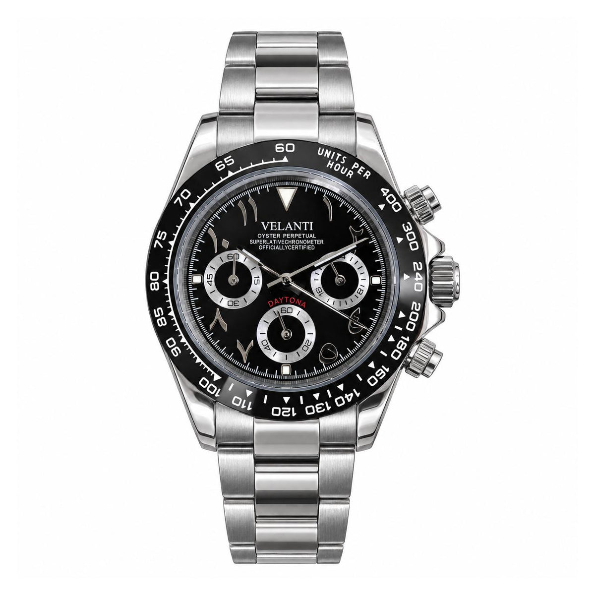 Daytona-style chronograph watch, Velanti Milano Veltona Arabic Black, main product photo