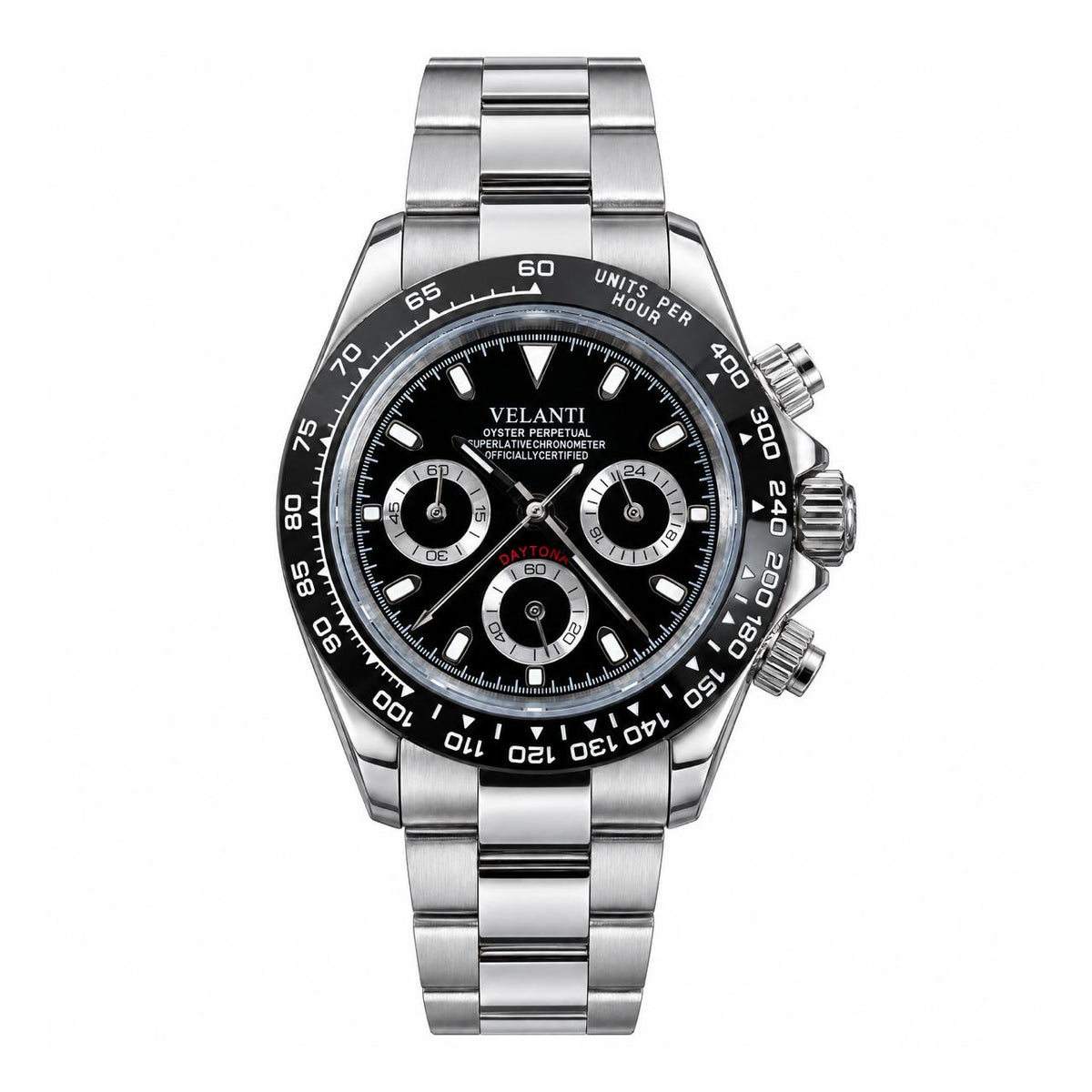 Veltona Black Panda chronograph watch, front view on white background