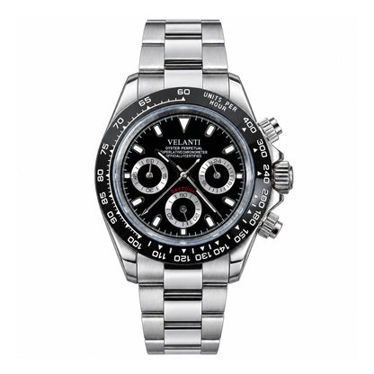 Veltona Black Panda chronograph watch, front view on white background