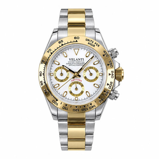 Veltona Silver Gold White chronograph watch, front view on white background